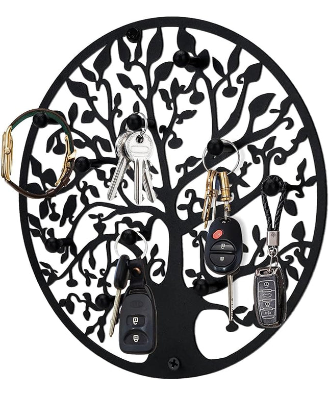 ZULONG Round Decorative Home Key Holder Wall Mount, Metal Tree Car Key Rack for Wall Organizer for Keys, Wallets, Hats, Used for Decor for House Entryway, Kitchen, Garage, Office (8" Black)