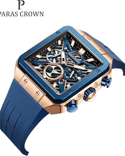 Paras Crown Watches for Men Tonneau 5ATM Waterproof Quartz Luxury Chronograph Analog Men's Wrist Watches Stainless Steel Case Mens Watches