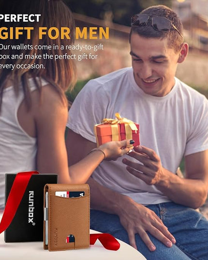 RUNBOX Slim Money Clip Wallets for Men RFID Blocking 11 Card Holder Minimalist Small Leather Bifold Men's Front Pocket Wallet Gift Box