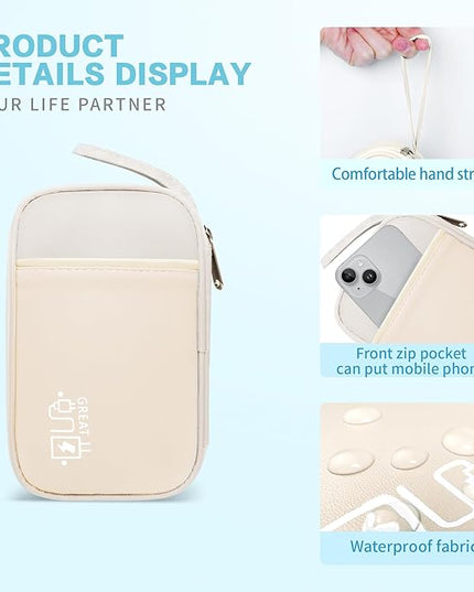 Electronics Travel Organizer,Portable Waterproof Electronic Travel Storage Bag for Small Charging Cord Storage,Charger,Small Electronics,SD Card,with 5 Cable Ties,for Travel,Business-Beige