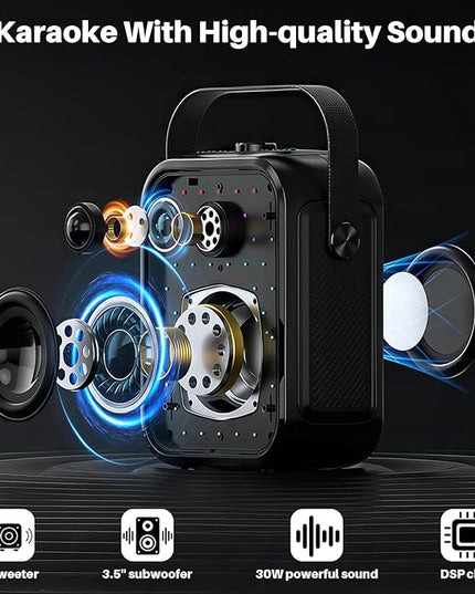 Karaoke Machine for Adults with 2 Wireless Microphones,Stereo Pairing Portable Bluetooth Speaker with Bass Adjustment,LED,Support FM/USB/AUX