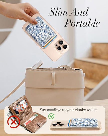 Shorogyt Compatible with Magsafe Wallet Magnetic Card Holder - Blue Flower Phone Wallets for Women Teen Girls Cute for iPhone 17/16/15/14/13/12 Series Slim for Apple Mag RFID Magnet, Fit 3 Cards
