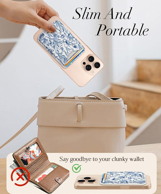 Shorogyt Compatible with Magsafe Wallet Magnetic Card Holder - Blue Flower Phone Wallets for Women Teen Girls Cute for iPhone 17/16/15/14/13/12 Series Slim for Apple Mag RFID Magnet, Fit 3 Cards