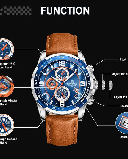 NAVIFORCE Sport Watches for Men Analog Quartz Chronograph Leather Strap Wrist Watch