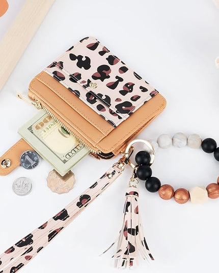 Keychain Wallet with Bracelet RFID Blocking Wristlet Credit Purse Card Holder, Silicone Bead Tassel Key Ring for Women