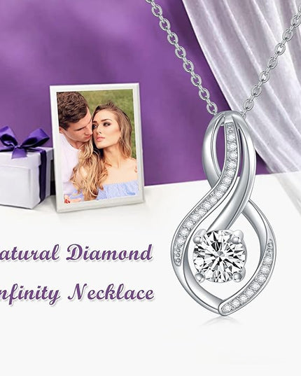 ZBA Natural Diamond Infinity Necklace for Women, 14K White Gold Plated Sterling Silver Diamond Eternal inifnity Pendant Necklaces Jewelry, Birthday Christmas Gifts for Mom Her Wife(Color F-G/Clarity I1-I2)