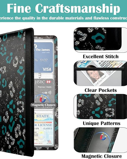 Car Registration and Insurance Holder with Magnetic Closure, Universal Document Organizer for License, Insurance Cards & Glove Box Storage (Leopard-Green and Silver)