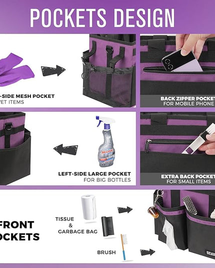 Compact Wearable Cleaning Caddy, Small Cleaning Caddy Supplies Organizer with Handle & Shoulder Straps for Housekeepers, Under Sink & Car Cleaning Tool Organizers Bag (RoyalPurple)