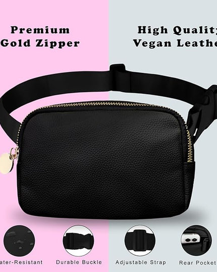 Leather Belt Bag for Women – Black Leather Fanny Pack Crossbody, Everyday Belt Bag, Waist Pack, Women’s Fanny Pack, Crossbody Fanny Packs for Women, Large Black Bag