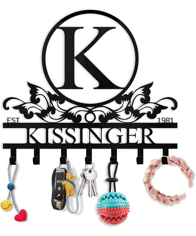 Dyoart Personalized Key Holder Wall Mount - Custom Family Name Key Holder for Wall, Metal Key Rack Hook Organizer, Coat Rack, Key Hanger Wall Decor for Kitchen, Entryway, Hallway, Bedroom