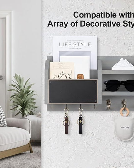Lwenki Mail and Key Holder – Wall Mount Key Hanger with Shelf and 7 Metal Hooks – Decorative Natural Paulownia Wood Entryway Organizer with Mounting Hardware (16.5”W x 8.7”H x 3.5”D) (Gray)