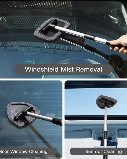 11pcs Windshield Cleaner Tool, Car Window Cleaning Wash Kit with 6 Reusable Microfiber Pads 2 Spray Bottles and Extendable Handles Auto Glass Wiper Kit, Gray