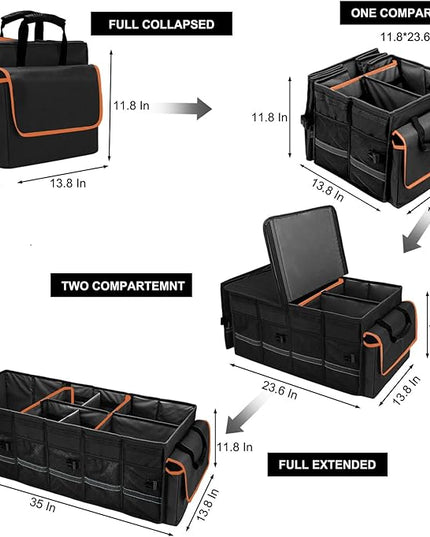 Car Trunk Organizer and Storage with Lid & Removable Leakproof Cooler Bag, Car Accessories 6 Removable Dividers for Custom Space, Collapsible Large Trunk Organizers Interior for SUV Sendan with Cover