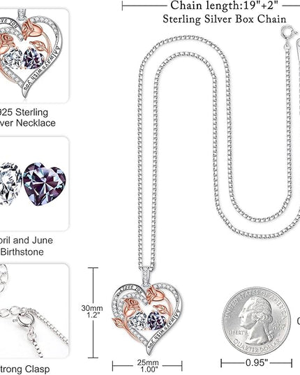 Iefil Christmas Gifts for Women Wife - 925 Sterling Silver Rose Heart Birthstone Necklace Birthday Anniversary Jewelry Gifts for Her Wife Mom Daughter