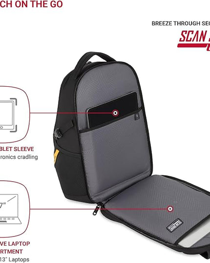 SwissGear 1900 Mini ScanSmart 13” Laptop Backpack Black with Yellow Accents – Reflective Tech Backpack with ScanSmart Compartment – Multiple Organizer Pockets & RFID Scan Blocking Technology