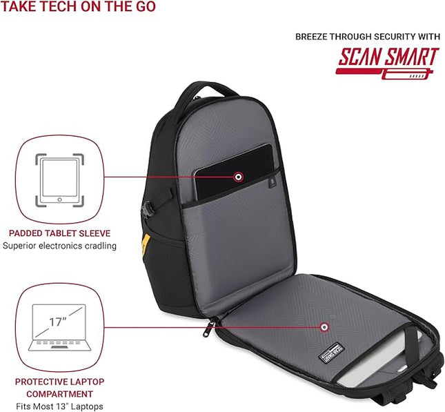 SwissGear 1900 Mini ScanSmart 13” Laptop Backpack Black with Yellow Accents – Reflective Tech Backpack with ScanSmart Compartment – Multiple Organizer Pockets & RFID Scan Blocking Technology