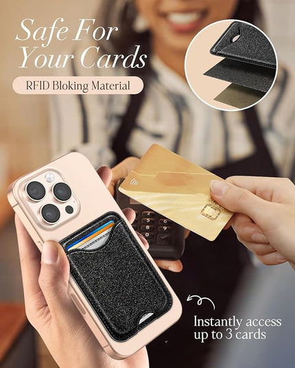 Shorogyt Compatible with Magsafe Wallet Magnetic Card Holder - Glitter Black Phone Wallets for Women Teen Girls Fashion for iPhone 17/16/15/14/13/12 Series Slim for Apple Mag RFID Magnet, Fit 3 Cards
