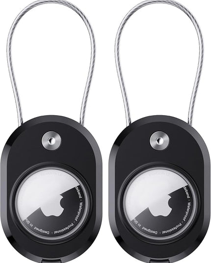 DDJ 2 Pack for AirTag Holder with Keychain, Waterproof Case Compatible with Apple AirTag & Moto Tag, Anti-Lost Wire Cable Lock with ID Card for Keys, Luggage, Backpack, Pet Collar (Black/Black)