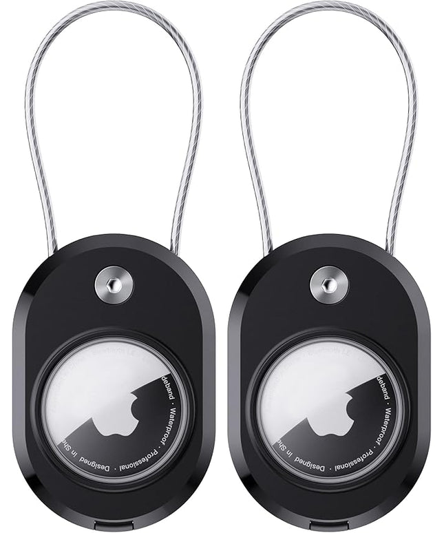 DDJ 2 Pack for AirTag Holder with Keychain, Waterproof Case Compatible with Apple AirTag & Moto Tag, Anti-Lost Wire Cable Lock with ID Card for Keys, Luggage, Backpack, Pet Collar (Black/Black)