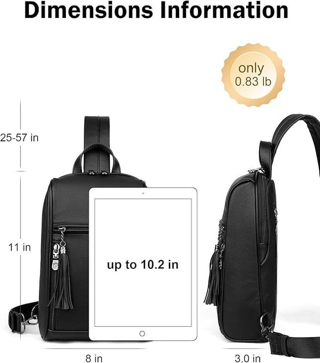 FADEON Sling Bag for Women, Crossbody Backpack with Tassels, Designer Leather Shoulder Chest Bags for Travel