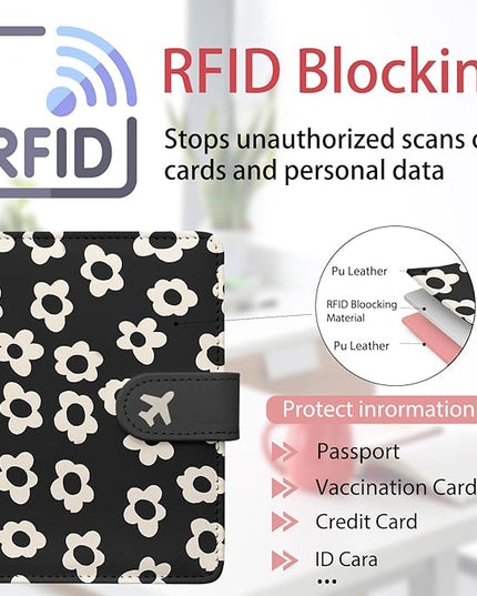 Passport Holder, Travel Wallet Cover with Pen Loop | Cute RFID Blocking Leather Case with Magnetic Closure for Travel Essentials-Flower