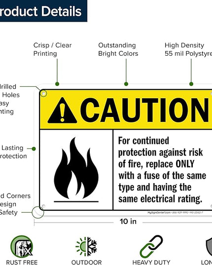 Warning For Continued Protection Against Risk Of Fire Replace Sign, 10x7 Inches, 55 mil thick HDPS (high density polystyrene), Made in USA by My Sign Center