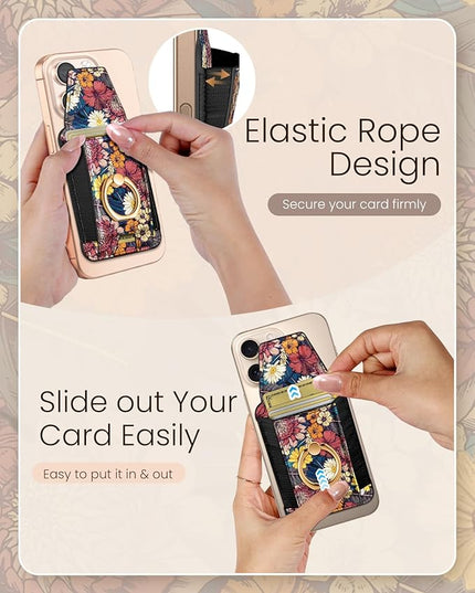 Shorogyt Compatible with Magsafe Wallet with Grip Magnetic Card Holder - Cute Phone Wallets with Ring Stand for iPhone 17/16/15/14/13/12 Series for Women Girls Purple Flower Design, Fit 7 Cards