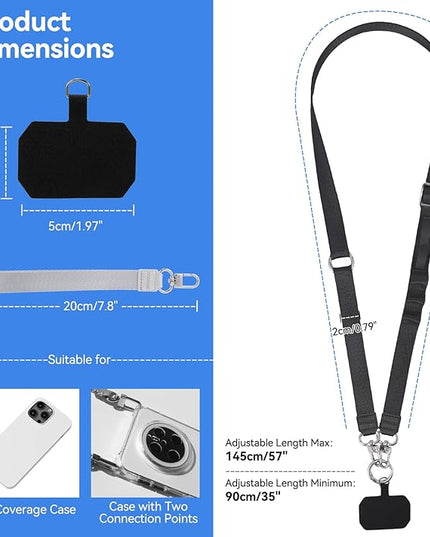 Phone Strap Crossbody with Detachable Wrist Strap Anti Theft Adjustable Women Cell Phone Lanyard with Tether Tabs, Lanyard for Phone, ID Badge, Camera, Travel Essentials - Black