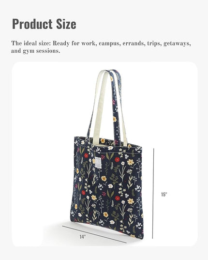 Floral Cotton Canvas Tote Bag for Women: 14x15 Inches Reusable Grocery Bag for Work, School, Travel, Gym