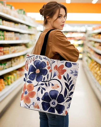 Large Tote Bag for Women, Floral Grocery Tote with Snap Thick Canvas Both Side Pattern, Gift Daily Use Shopping Travel Picnic