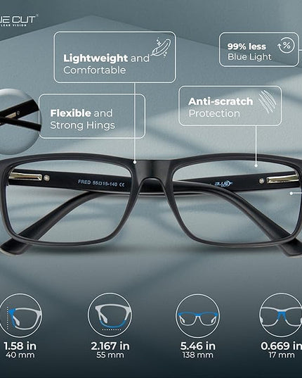 BLUE CUT Blue Light Blocking Glasses for Men and Women – Anti-Fatigue Computer Gaming Glasses to Reduce Eye Strain, Black, 1.50 Magnification
