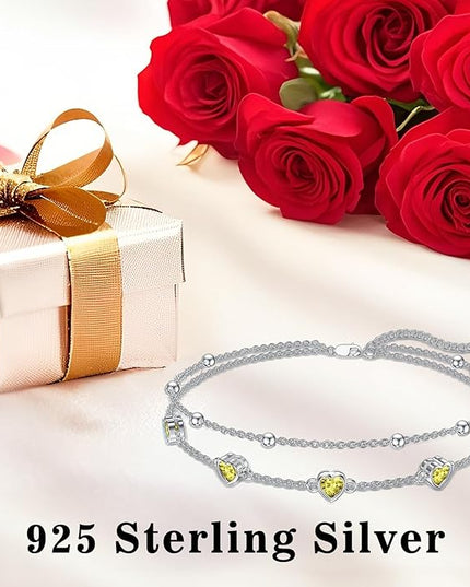 Dorunmo 925 Sterling Silver Heart Birthstone Anklet Bracelets for Women Best Mother's Day Birthday Jewelry for Wife Girlfriend Mom Daughter Her