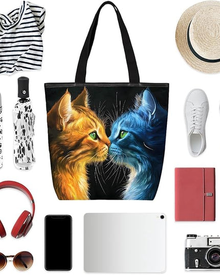 Pardick Canvas Tote Bags, Cute Black Cat Tote Bag Eco Friendly Reusable Grocery Shopping Bagsfor Beach, Books, Women with Zipper Inner Pocket
