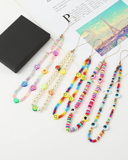 Taouzi 6PCS Beaded Phone Charms Face Fruit Star Pearl Rainbow Beads Phone Lanyard Wrist Strap for Women