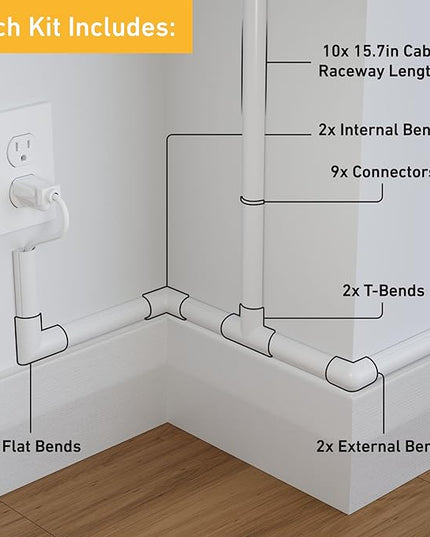 D-Line 157in Cord Cover Kit, Self-Adhesive Wire Hiders, Paintable Cable Raceway to Hide Wires on Wall, Electrical Cable Management - 10x 15.7 Lengths & 19 Accessories - 1.18" (W) x 0.59" (H) - White