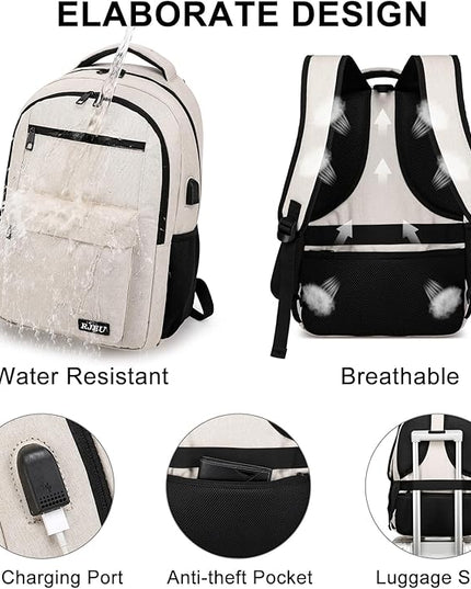 School Backpack for Teen Girls, Laptop Backpack 15.6 Inch with USB Charging Port, Sturdy Beige College Bookbag