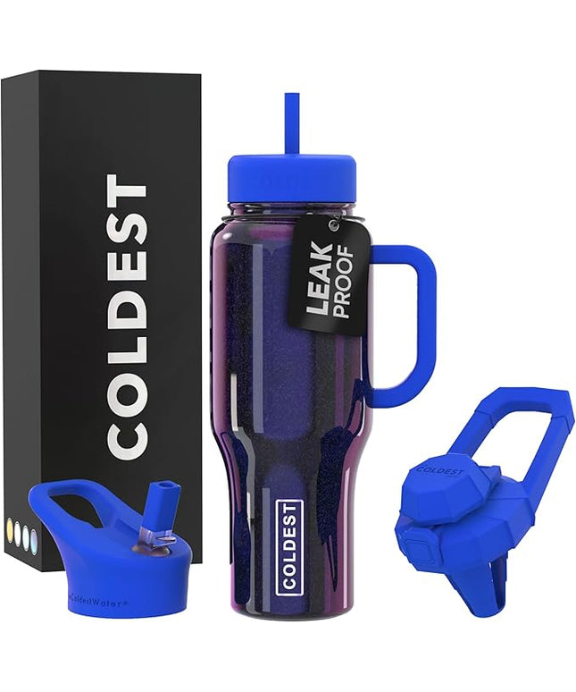 Coldest Tumbler with Handle and Straw, 100% Leak Proof Insulated Tumbler with Lid and Straw (3 Lids), Stainless Steel Tumblers for Women & Men, Cup Holder Friendly, 36 oz (Enchanted Blue)