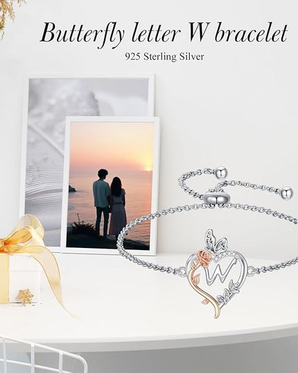TOUPOP Gifts for Women Rose Heart Initial Bracelet 925 Sterling Silver Butterfly Letter Link Bracelet Love Jewelry Valentines Day Birthday Gifts for Her Wife Girlfriend Mom