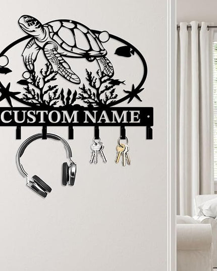 Casebrick Custom Sea Turtle Metal Wall Hooks,Key Holder-Personalized Iron Wall Decor for Keys, Coats & Home Organization (Black, Handmade,Decorative for Entryway, Beach,Bedroom,Office) (Style A)