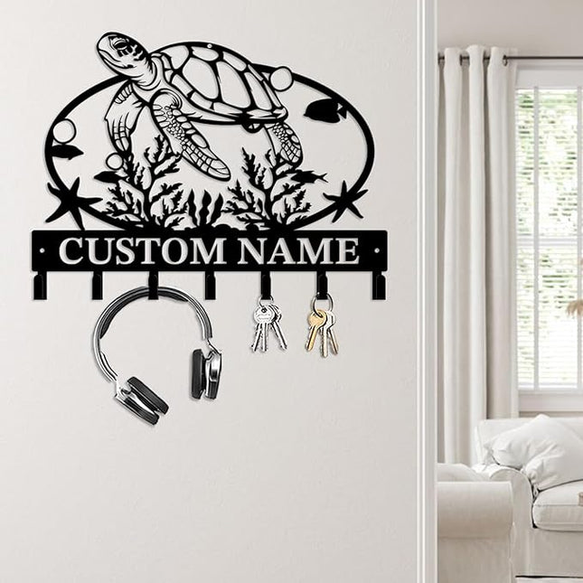 Casebrick Custom Sea Turtle Metal Wall Hooks,Key Holder-Personalized Iron Wall Decor for Keys, Coats & Home Organization (Black, Handmade,Decorative for Entryway, Beach,Bedroom,Office) (Style A)