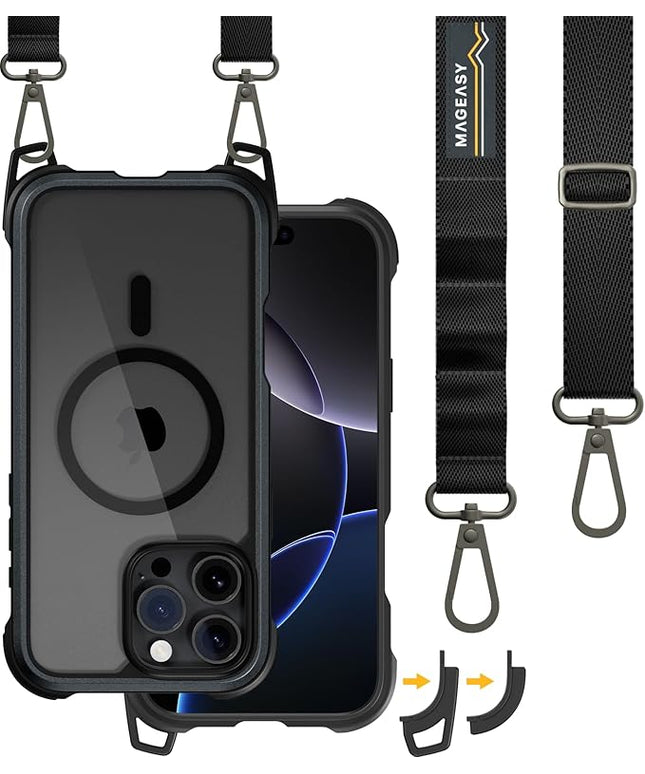 MAGEASY Designed for iPhone 16 Pro Max Case with Strap - 20ft Drop Protection Compatible with MagSafe, Transformable 2-in-1 Protective & Lanyard Case, Aluminum Frame | Odyssey Strap M (Metal Black)
