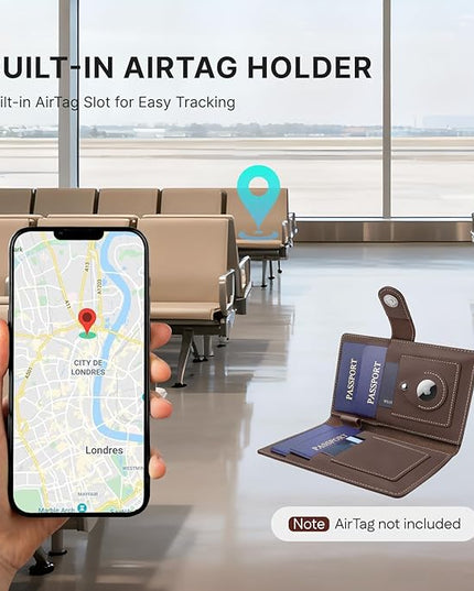 ALLIVE Family Passport Holder, Rfid Blocking Passport Wallet with AirTag Slot, Genuine Leather Travel Document Organizer for Women & Men, Airport Essentials, Travel Gift (Coffee Brown)