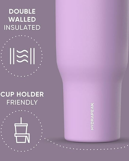 Hydrapeak Voyager 40 Oz Stainless Steel Tumbler with Handle, Insulated Water Bottle With Straw & Lid, Cupholder Friendly Reusable Travel Mug (Mauve)