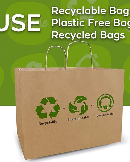 Qutuus Large Kraft Paper Shopping Bags with Handles Bulk - 16x6x12 Inch 300 Pcs Brown Paper Sacks, Kraft Bags for Gift Packaging Small Business Boutiques Retail Stores Grocery Merchandise