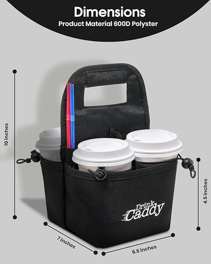 Drink Caddy Portable Drink Carrier and Reusable Coffee Cup Holder - 4 Cup Collapsible Tote Bag with Organizer Pockets Safely Secures Hot and Cold Beverages - Perfect for Food Delivery and Take Out