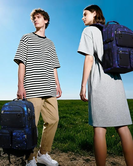 Lohol Multi-Pocket Backpack for Travel College, Heavy Duty Big Bookbag with 15.6 inch Laptop Compartment (Black Blue Galaxy