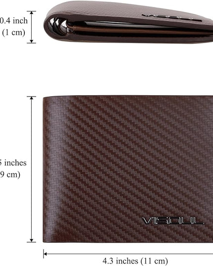 VISOUL Mens Carbon Fiber Leather Bifold Wallet with 2 ID Windows, RFID Blocking Stylish Wallet for Men with 2 Cash Compartments (Brown+Brown)