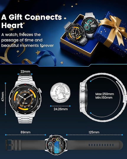 Smartwatch for Men Compatible Android iOS,Fitness Tracker Bluetooth Calling with 100+ Sports Modes,Heart Rate/Sleep Monitor,1.43" AMOLED Display Screen IP68 Waterproof,2 Bands Included 750mAh Battery