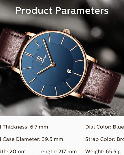 L LAVAREDO Watch for Men, Extremely Thin Mens Watches Minimalist Analog Men's Leather Wrist Watches with Time/Date, Birthday Gift for Men Boyfriend