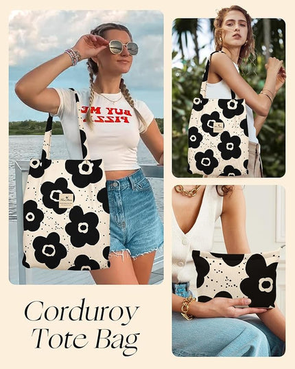 Aesthetic 2 Pack Corduroy Tote Bag - with Makeup Pouch Bag for Women Reusable Grocery Bag for Gym, Travel, Work